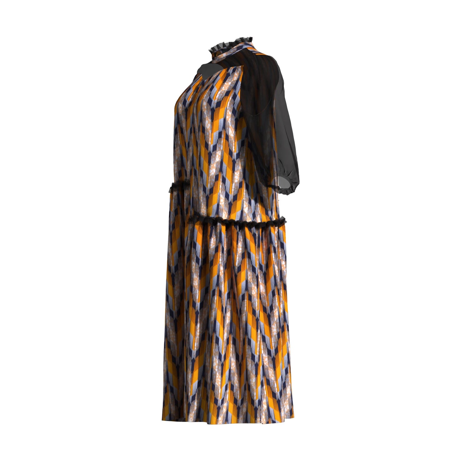 African Fabric Sheer Mesh Ruffle Collar Tiered Swing Midi Dress