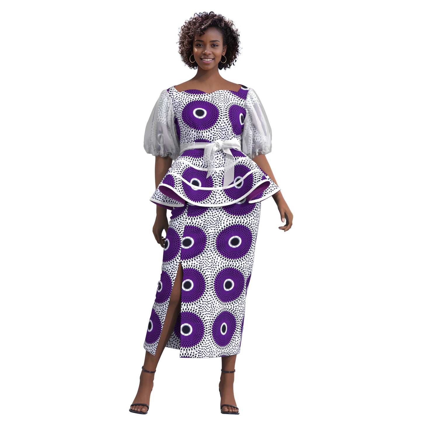 African Print Organza Sleeve Peplum Top & Midi Skirt Set