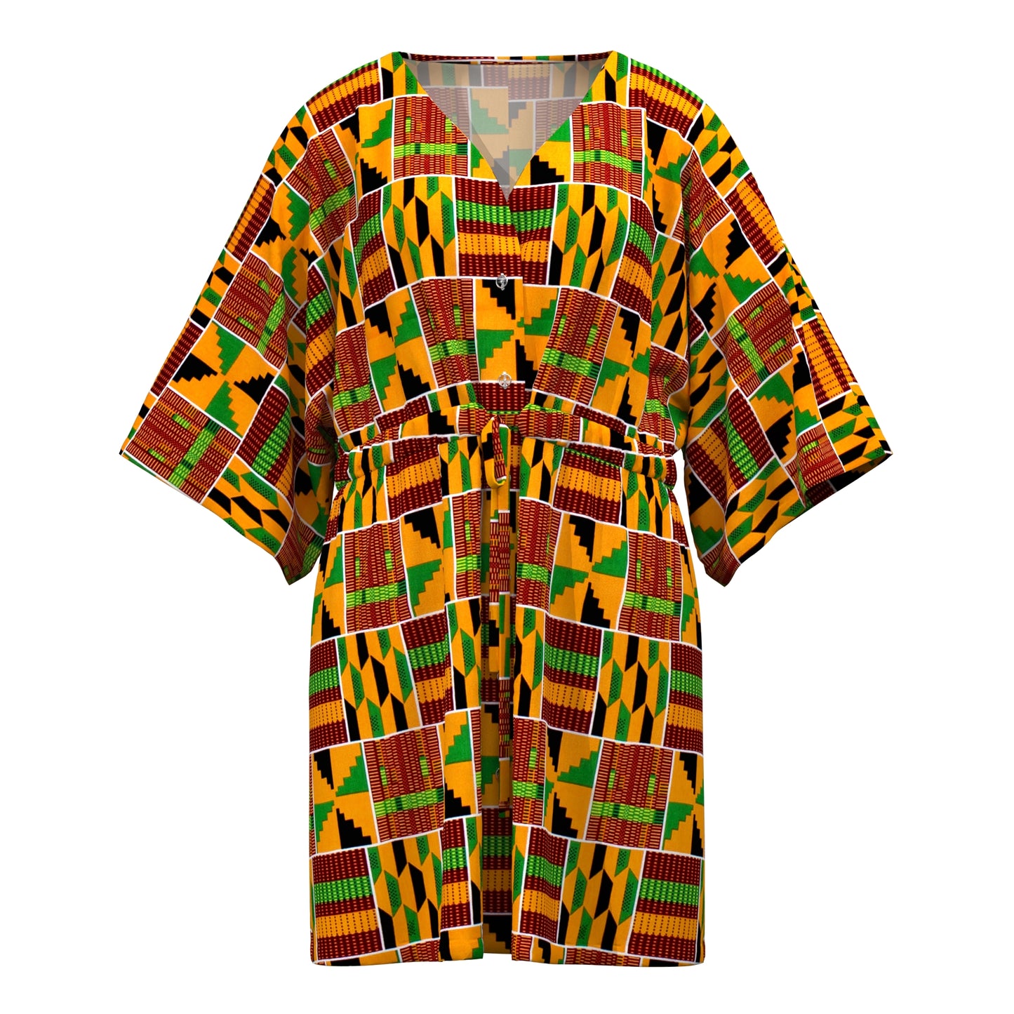 African Print V-Neck Drawstring Waist Batwing Sleeve Dress