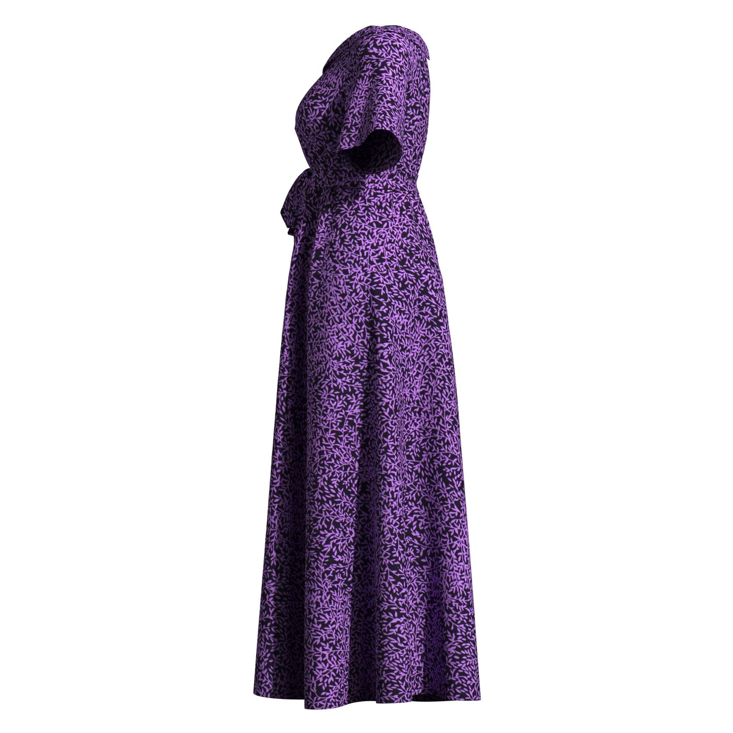 nkara Print Asymmetric Collar Short Sleeve Waist Tie Long Dress