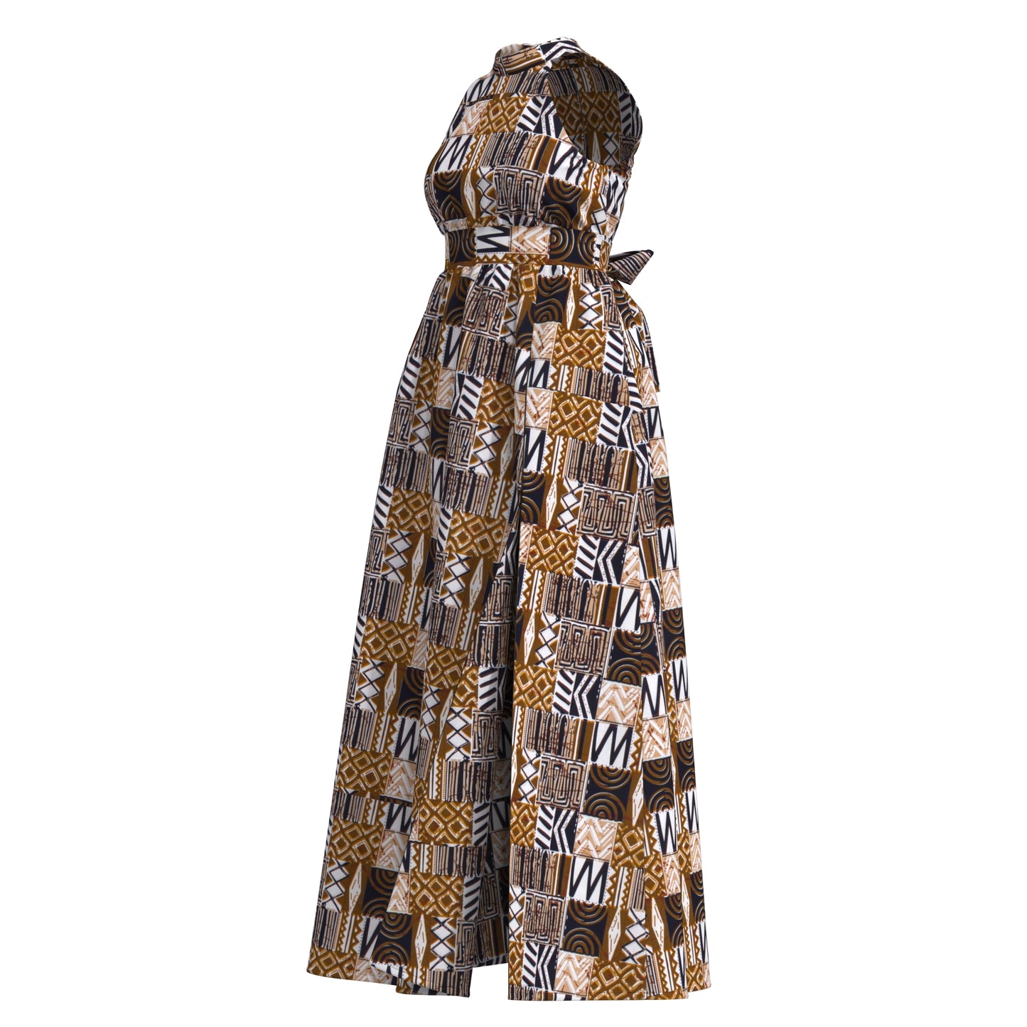 Ladies African Fabric Halter Maxi Dress With Back Bow & Side Split