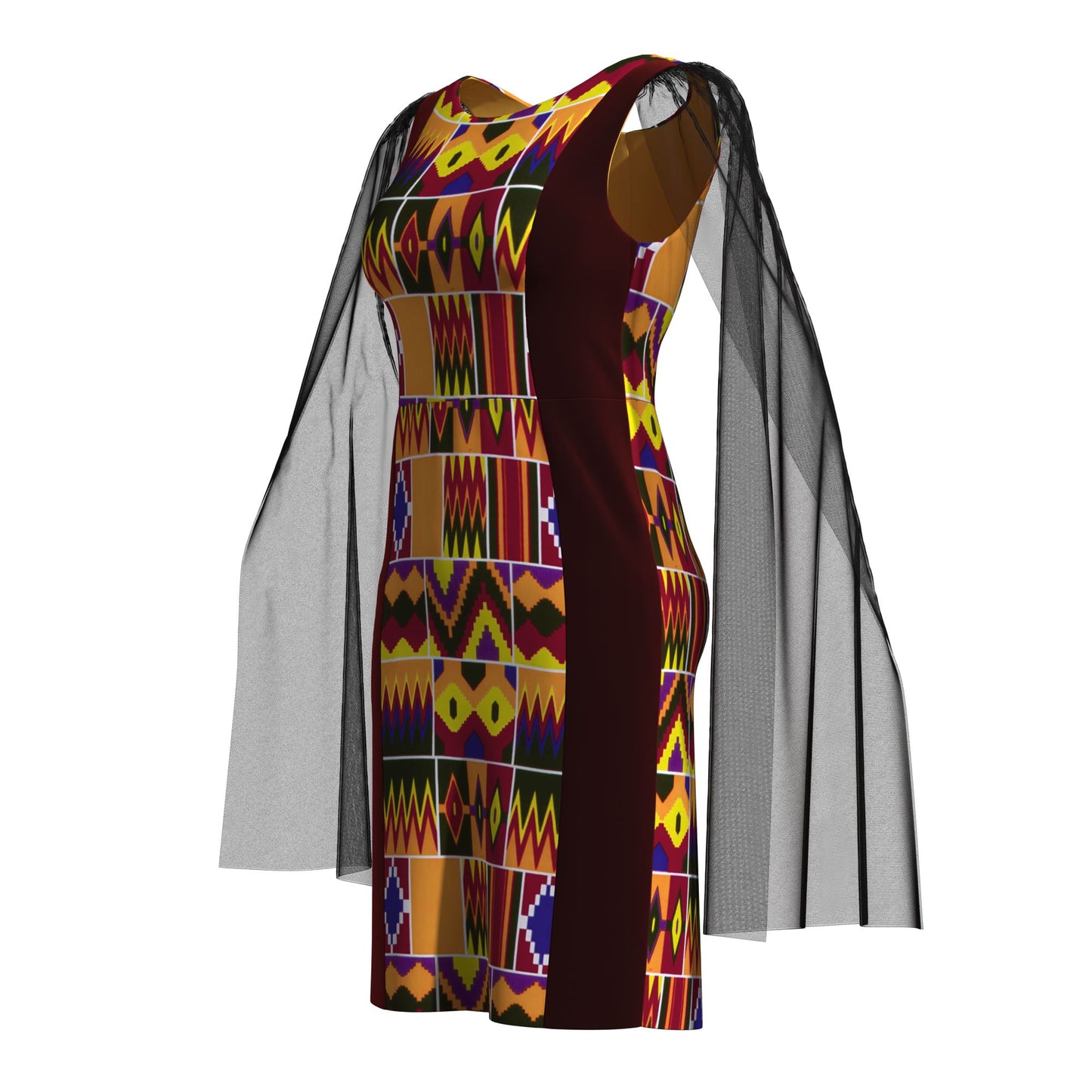 Traditional West African Print Sheath Dress – Sheer Cape Sleeve with Velvet Side Panels