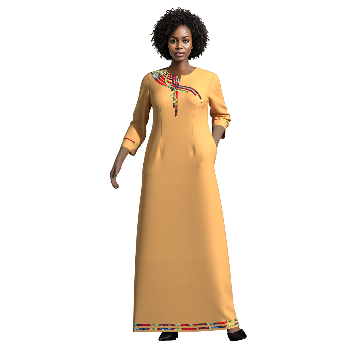 Elegant Solid Maxi Dress for Black Women, Ankara Print Splicing on Chest & Cuffs WY10572