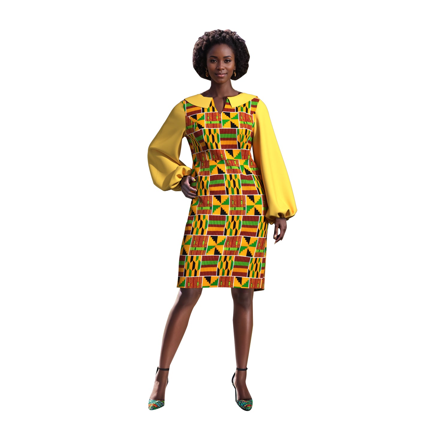 African Print Peter Pan Collar Puff Sleeve Midi Dress