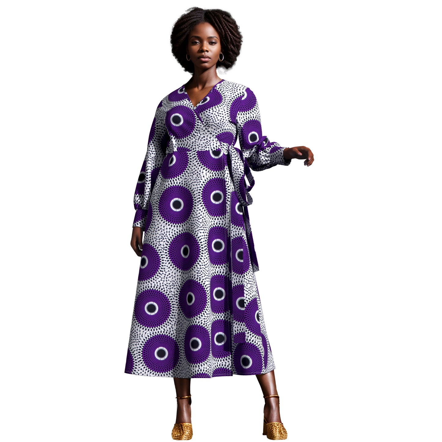 African Print Wrap Maxi Dress with Waist Tie
