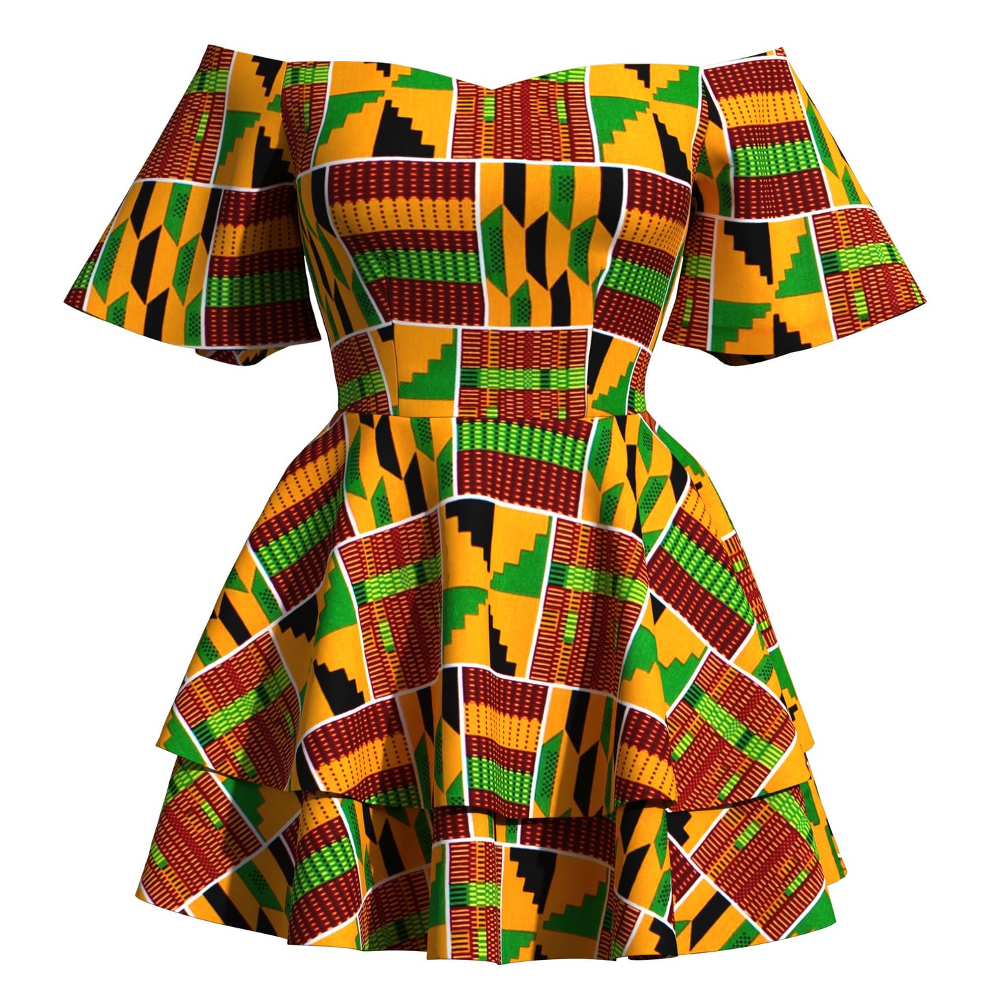 African Print Flowy Off-Shoulder Tiered Mini Dress for Women