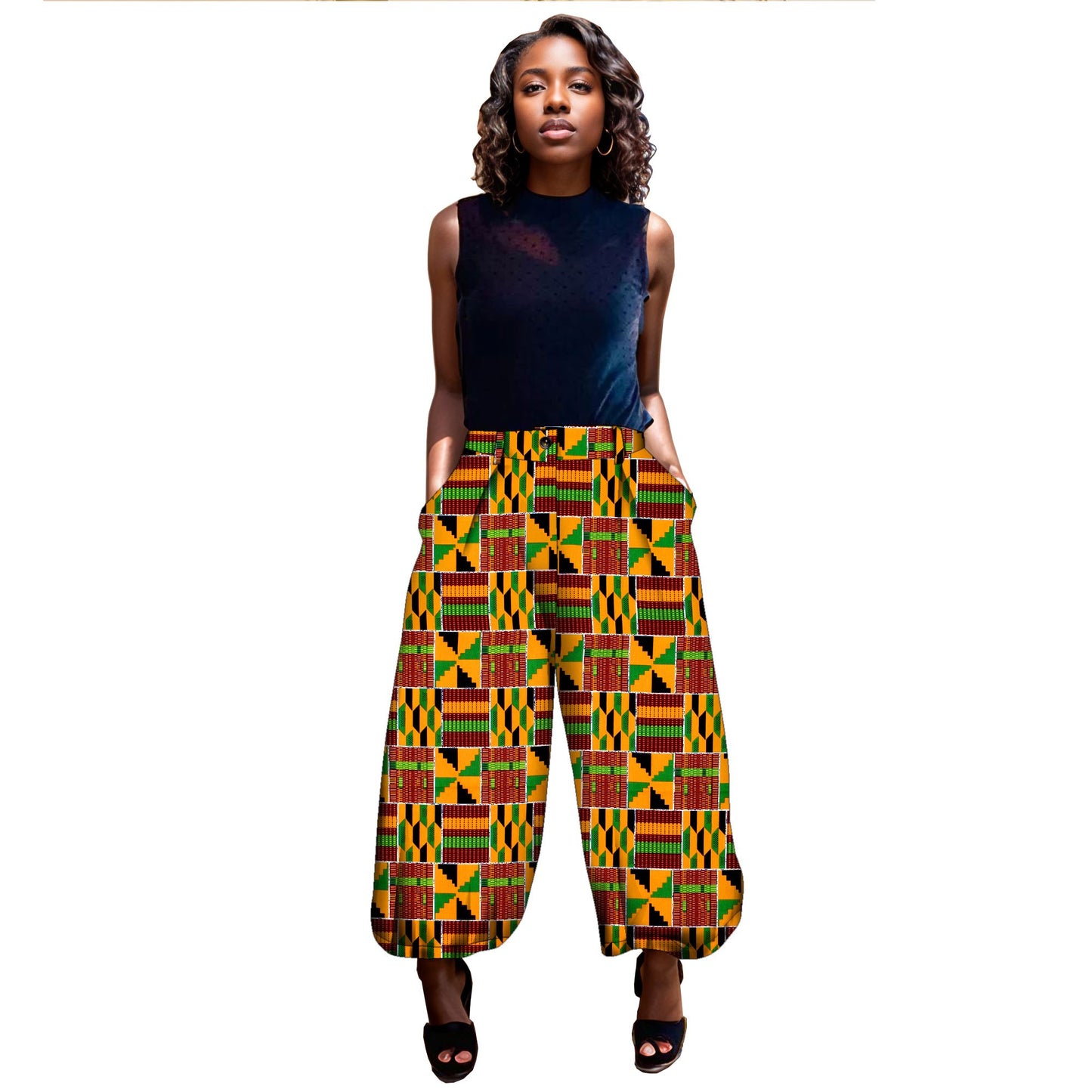 Authentic Kente Print High-Waist Jogger Pants – Vibrant African Wax Print Trousers for Afrocentric Fashion