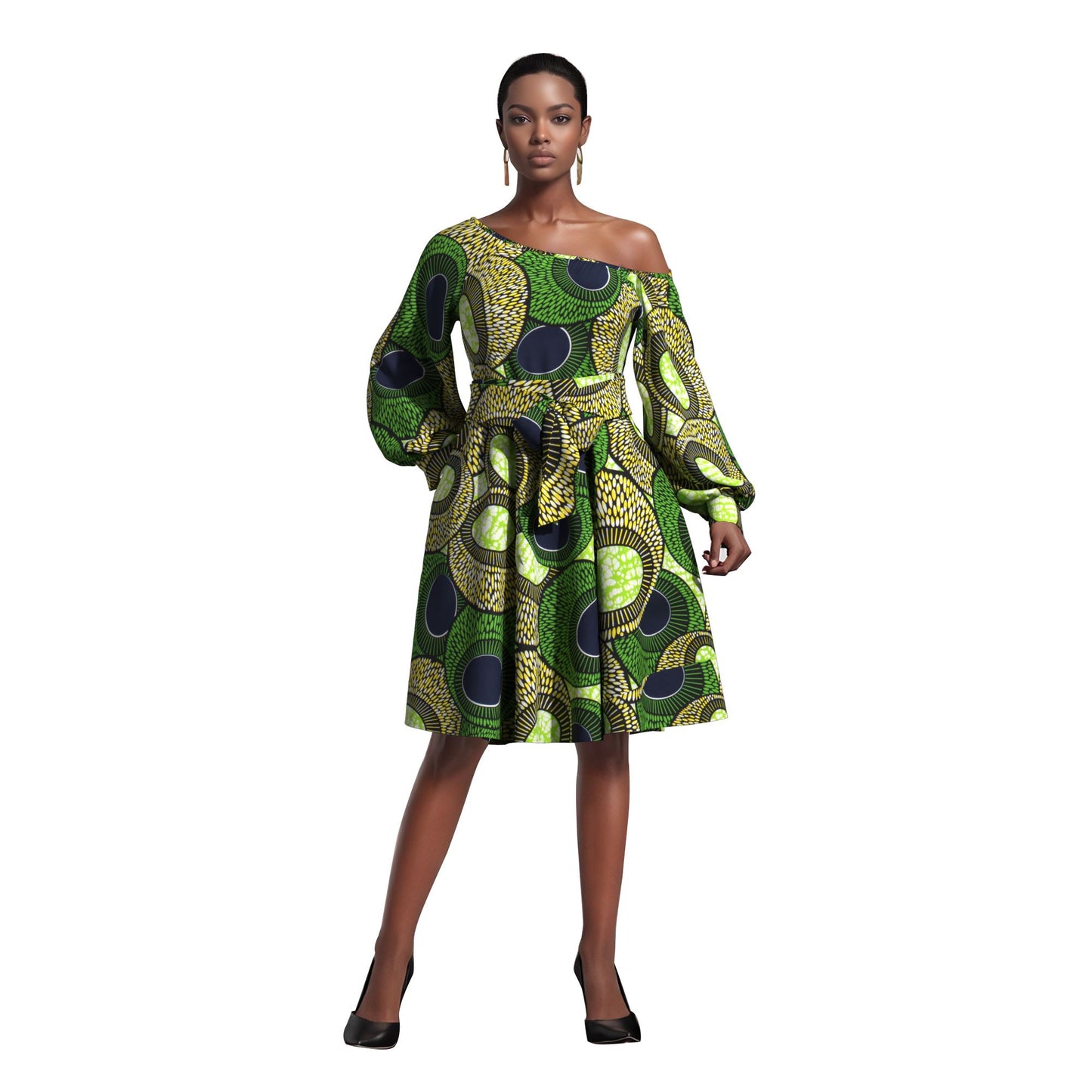 Classic African Wax Print Asymmetrical Dress, Paired with Same-Print Belt
