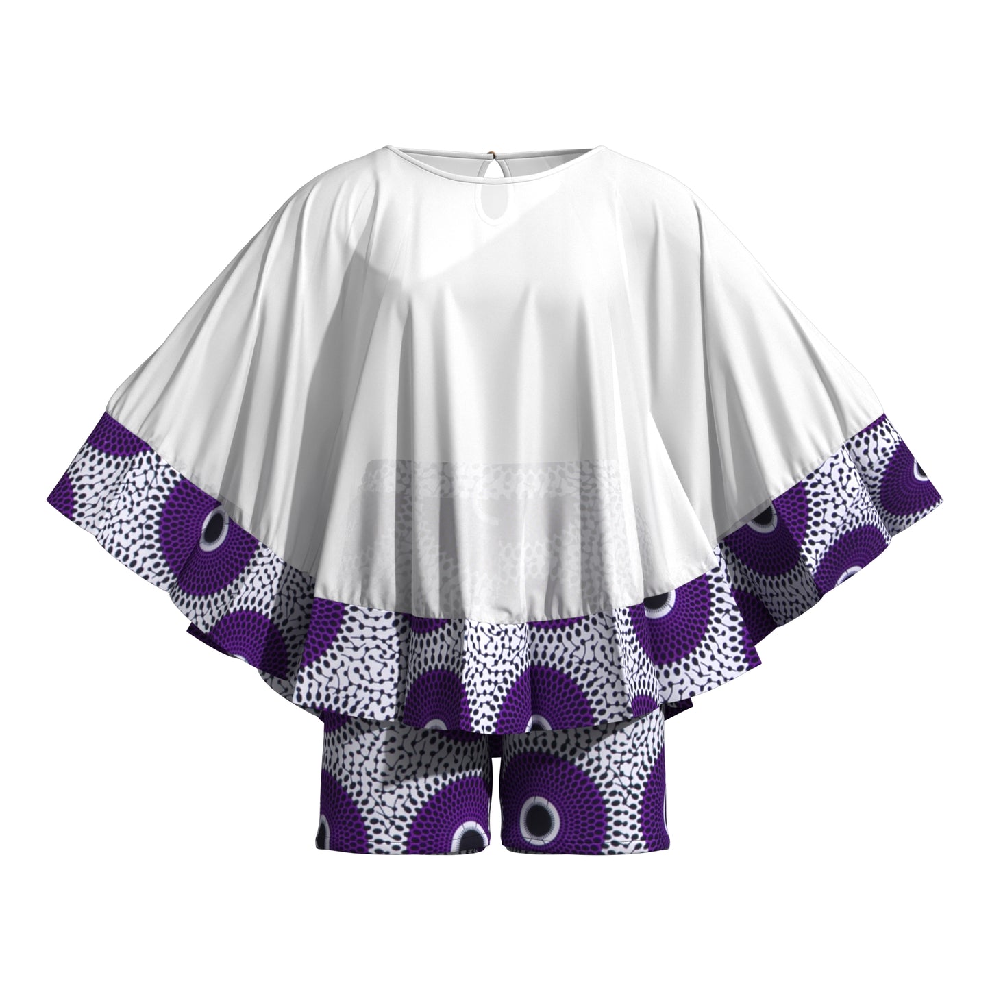 African Print Chiffon Cape Top & Shorts Two-Piece Set