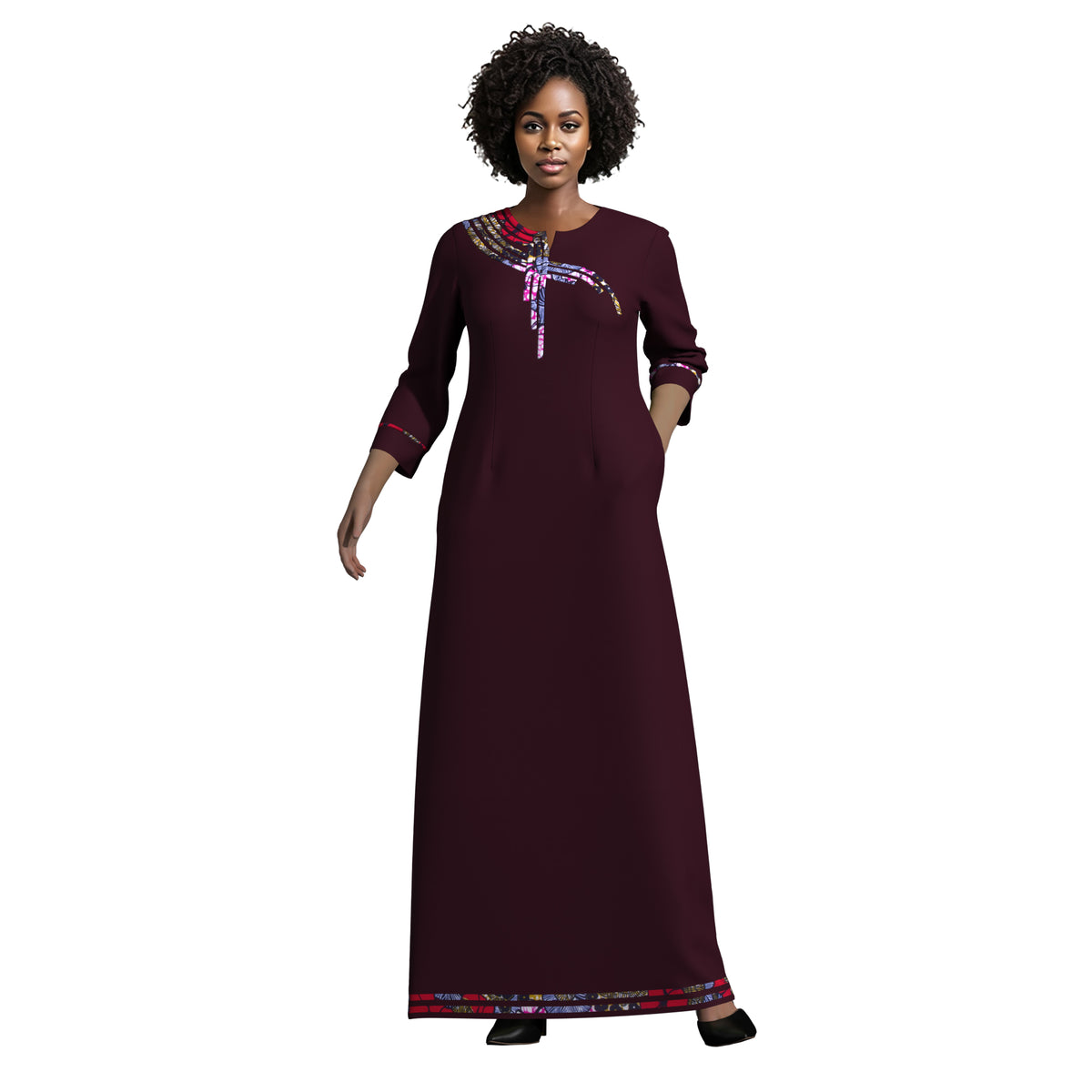 Elegant Solid Maxi Dress for Black Women, Ankara Print Splicing on Chest & Cuffs WY10572