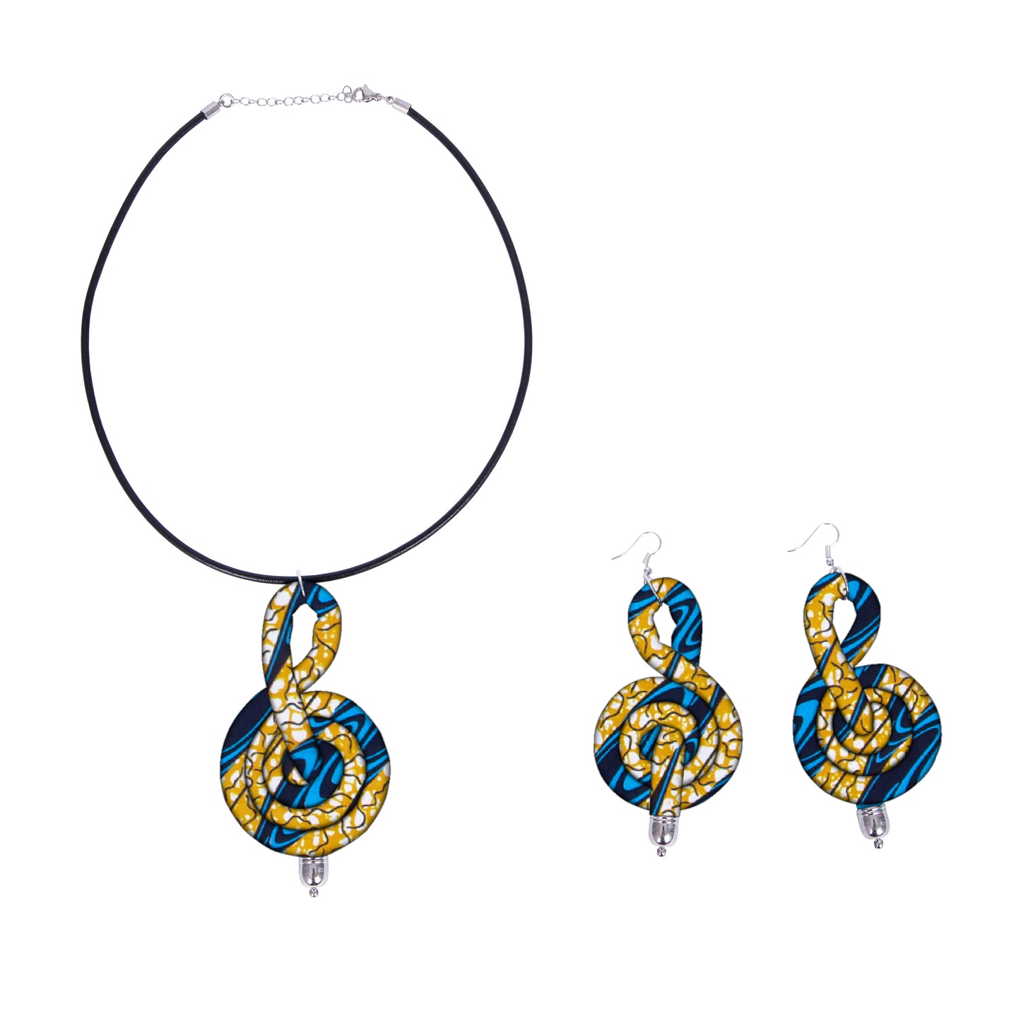 Ladies Kente Geometric Fabric Treble Clef Jewelry Set African Coordinated Neck & Ear Outfit Accessories
