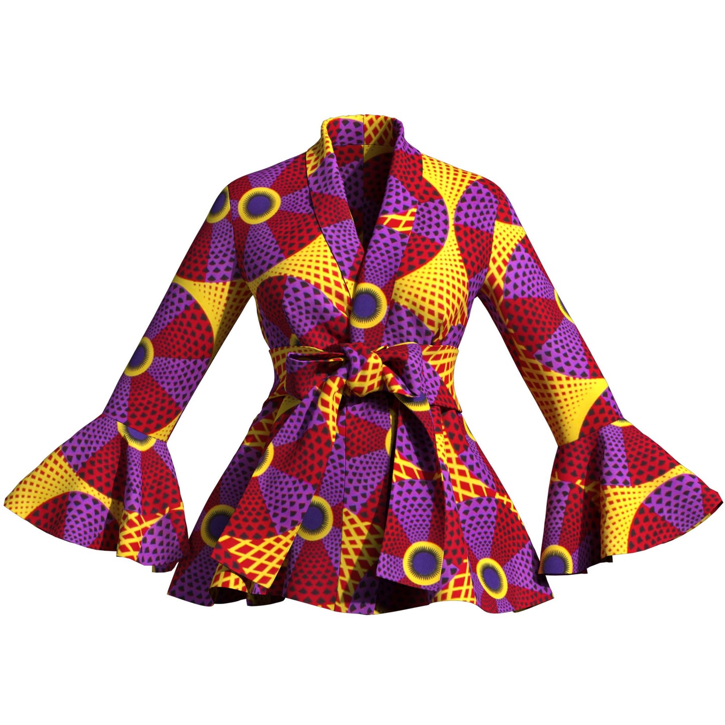 Ladies Vibrant Ethnic Geometric Print Stand Collar Bell Sleeve Peplum Top With Coordinating Waist Tie