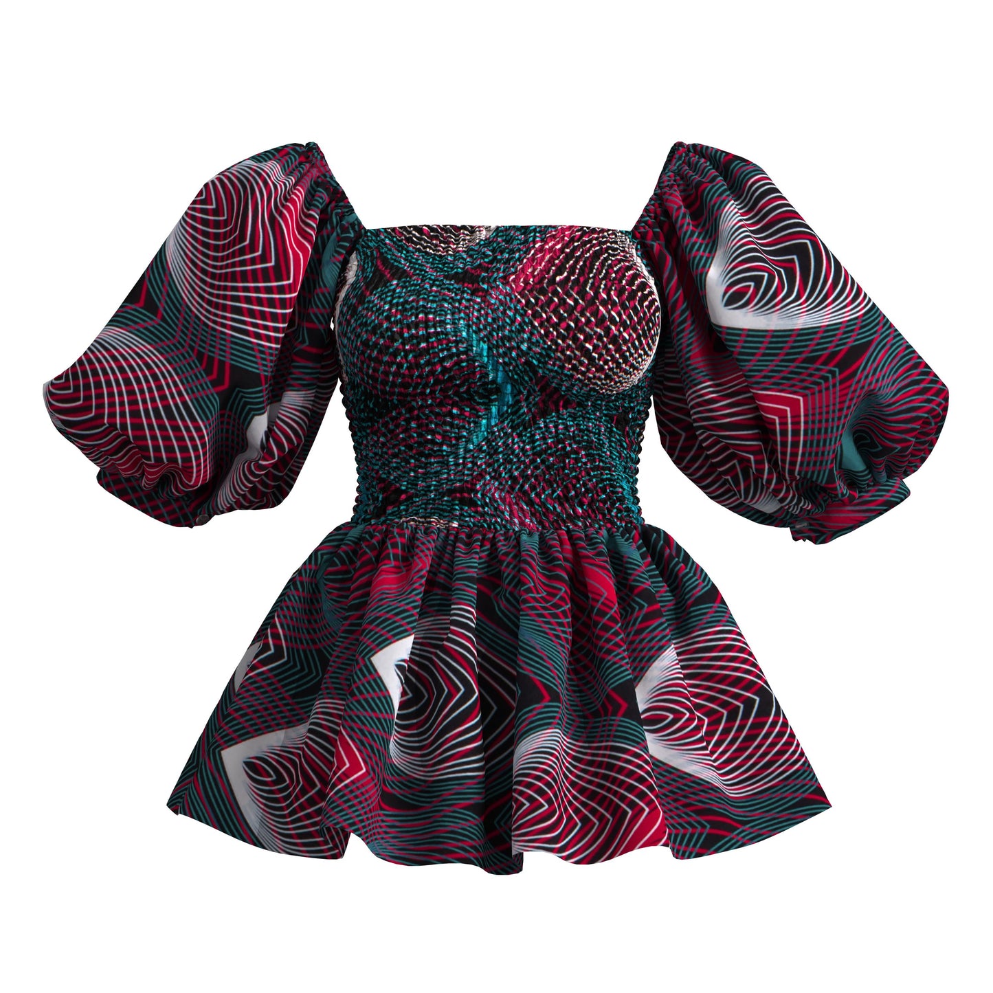 Tropical Wave African Print Puff Sleeve Peplum Blouse – Bold Colorful Ankara Top