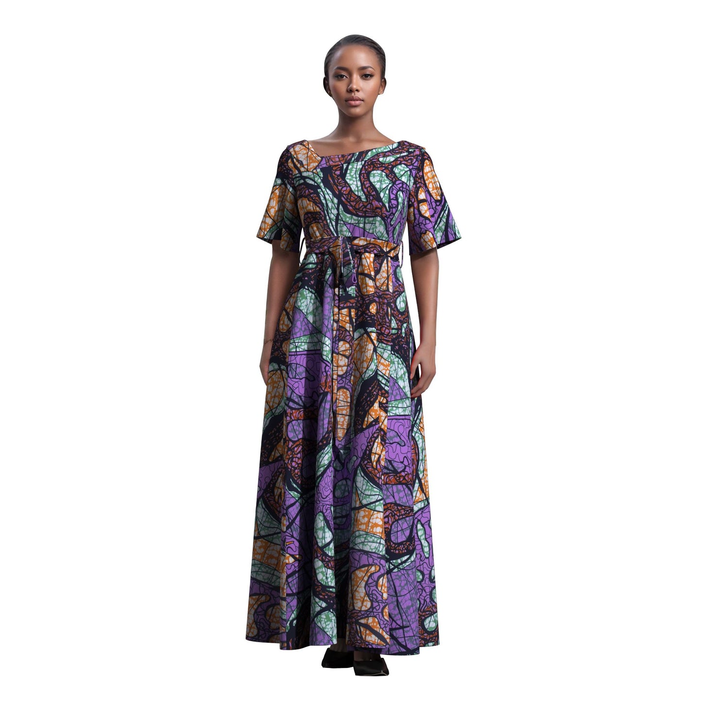 nkara Print Asymmetric Collar Short Sleeve Waist Tie Long Dress