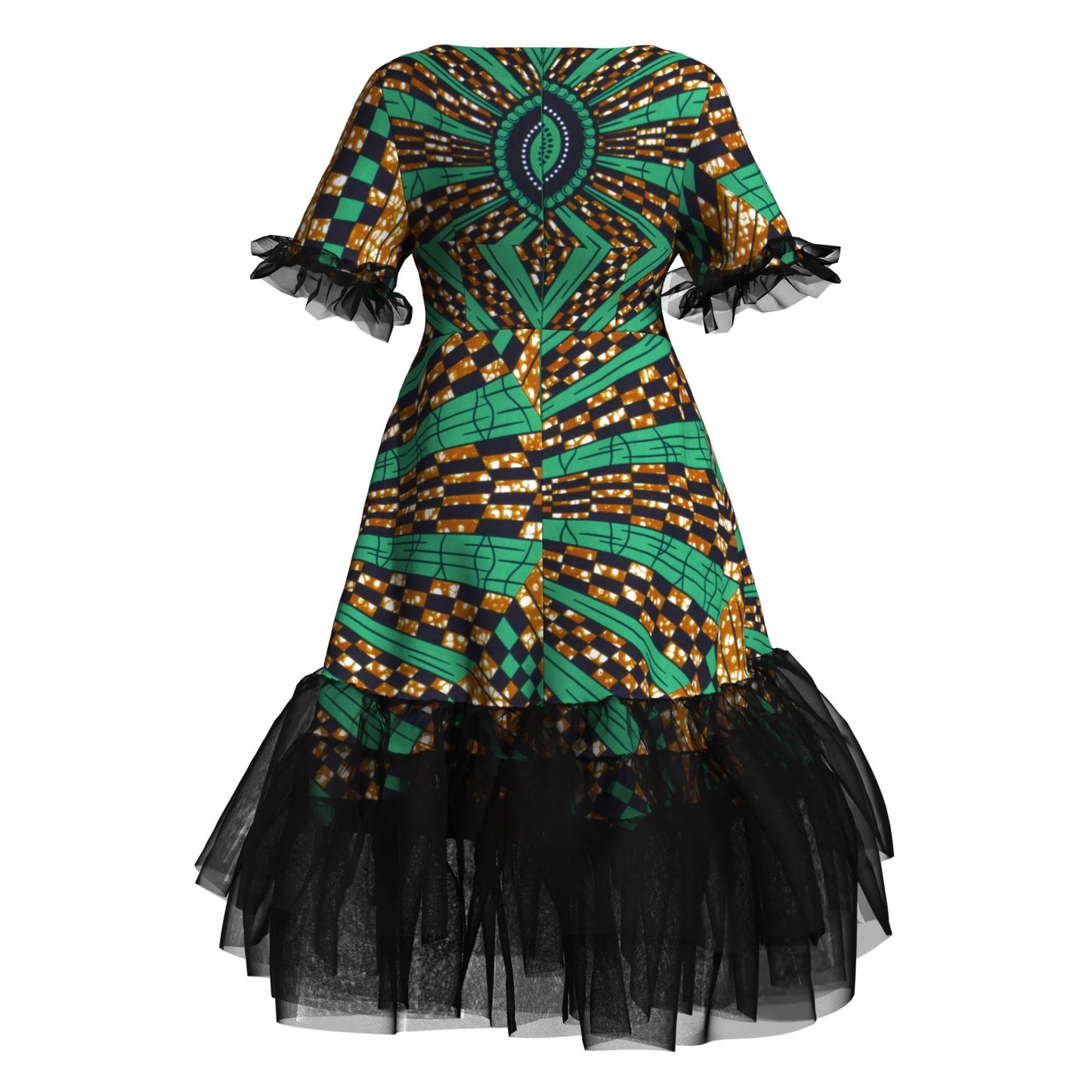 Kente Print Tiered Tulle Midi Dress – Short Sleeve Ankara Dress with Sheer Trim