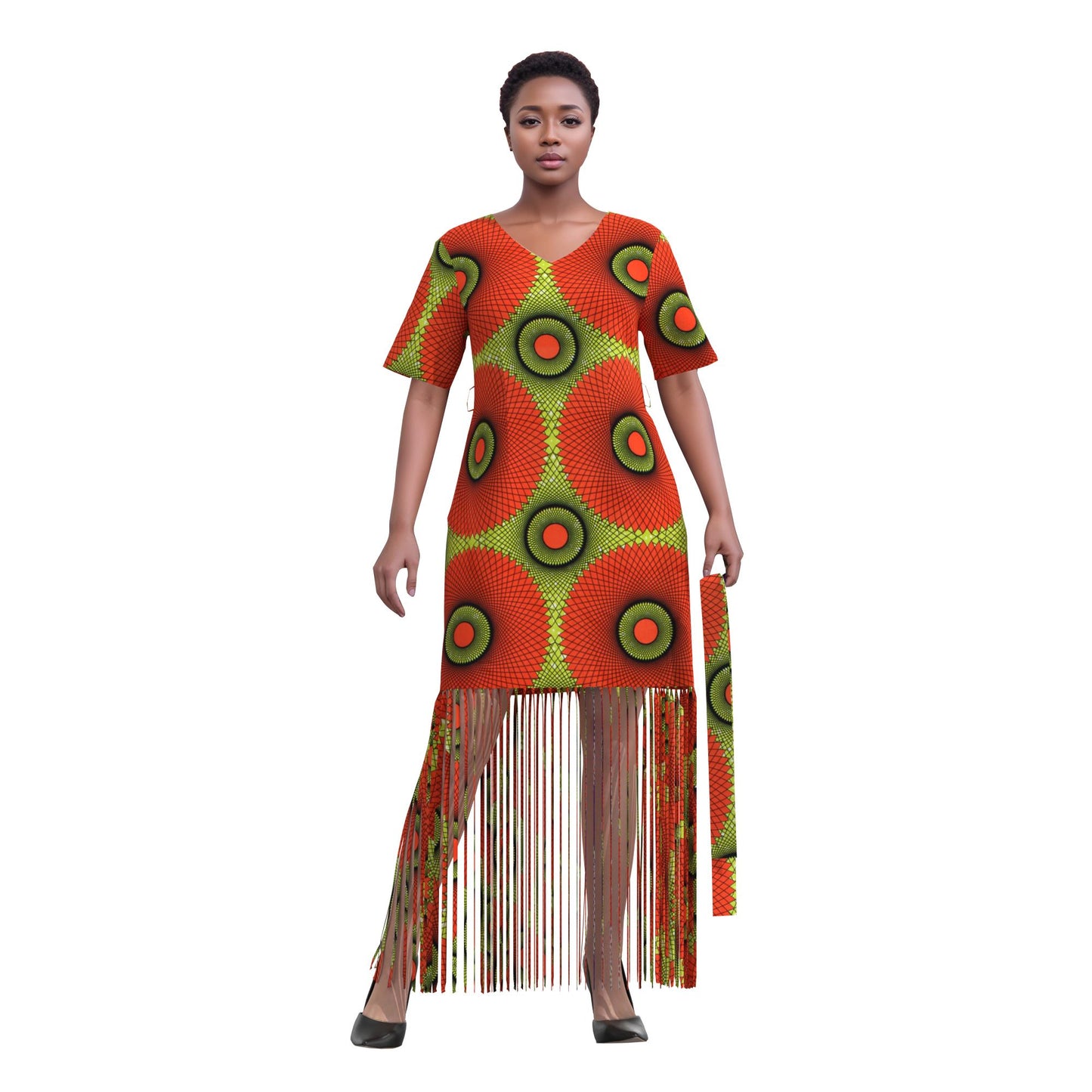 Bold Circular Ankara Print Fringe Hem Dress – Afrocentric Short Sleeve Midi Dress