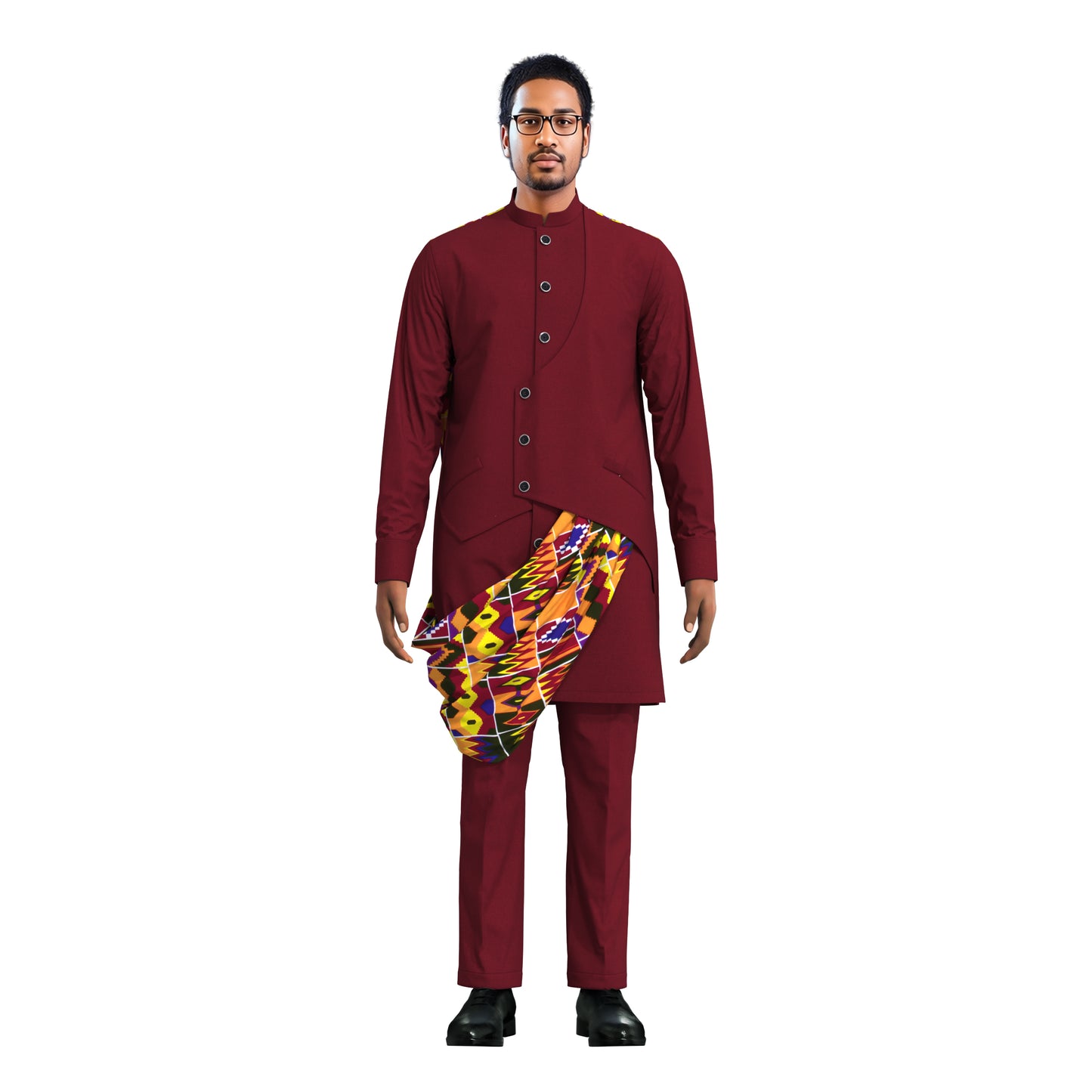 Stylish Men Matching Trousers Outfit, Suit Fabric Top with African Printed Drape Detail