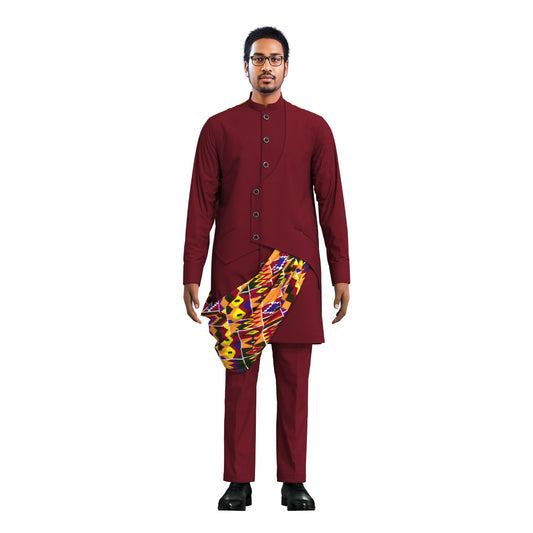 Stylish Men Matching Trousers Outfit, Suit Fabric Top with African Printed Drape Detail