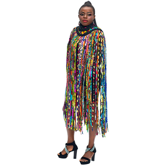 2-in-1 African Wax Print Fringe Tassel Wrap Skirt & Collar