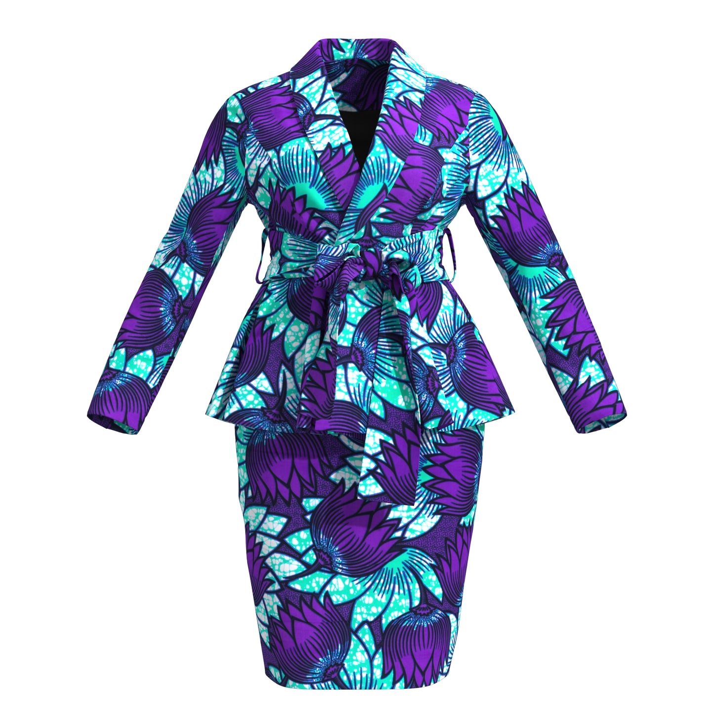 Women's African Floral Print Set Peplum Top & Skirt Suit with Belt Wedding Guest Outfit