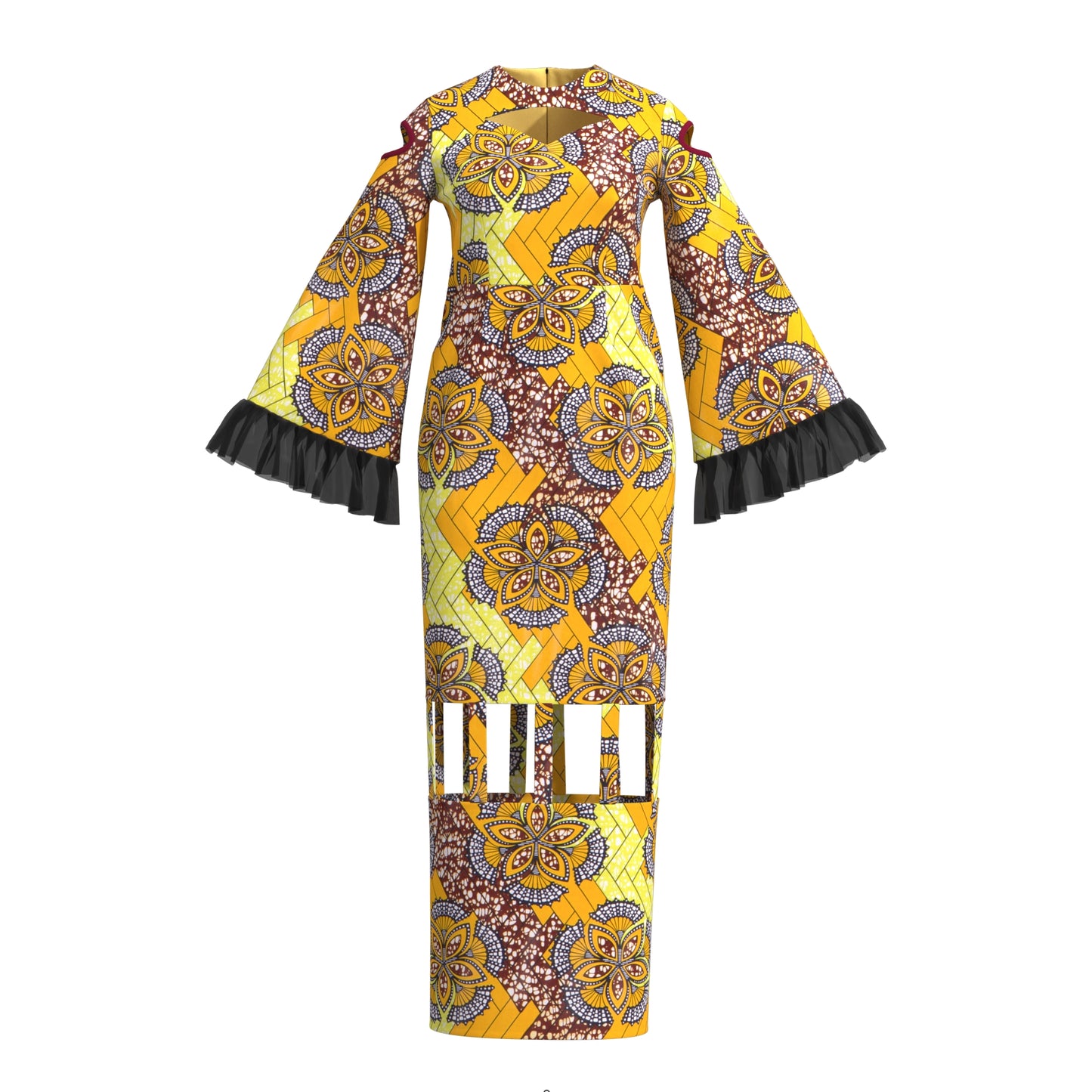 African Ankara Print Cutout Maxi Dress with Sheer Ruffle Cuffs