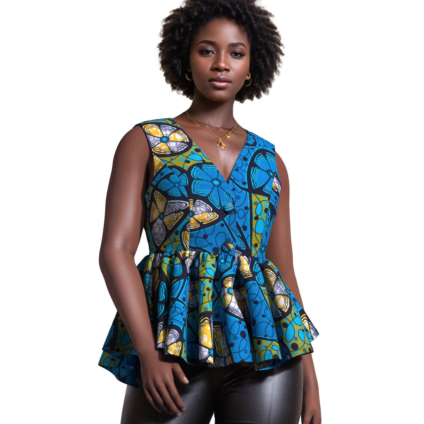 Handmade African Wax Print Sleeveless Peplum Blouse with Ruffle Detail