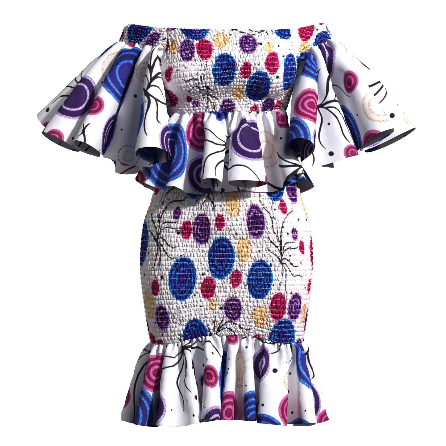 Smocked African Print Two-Piece Outfit with Flounce Sleeves