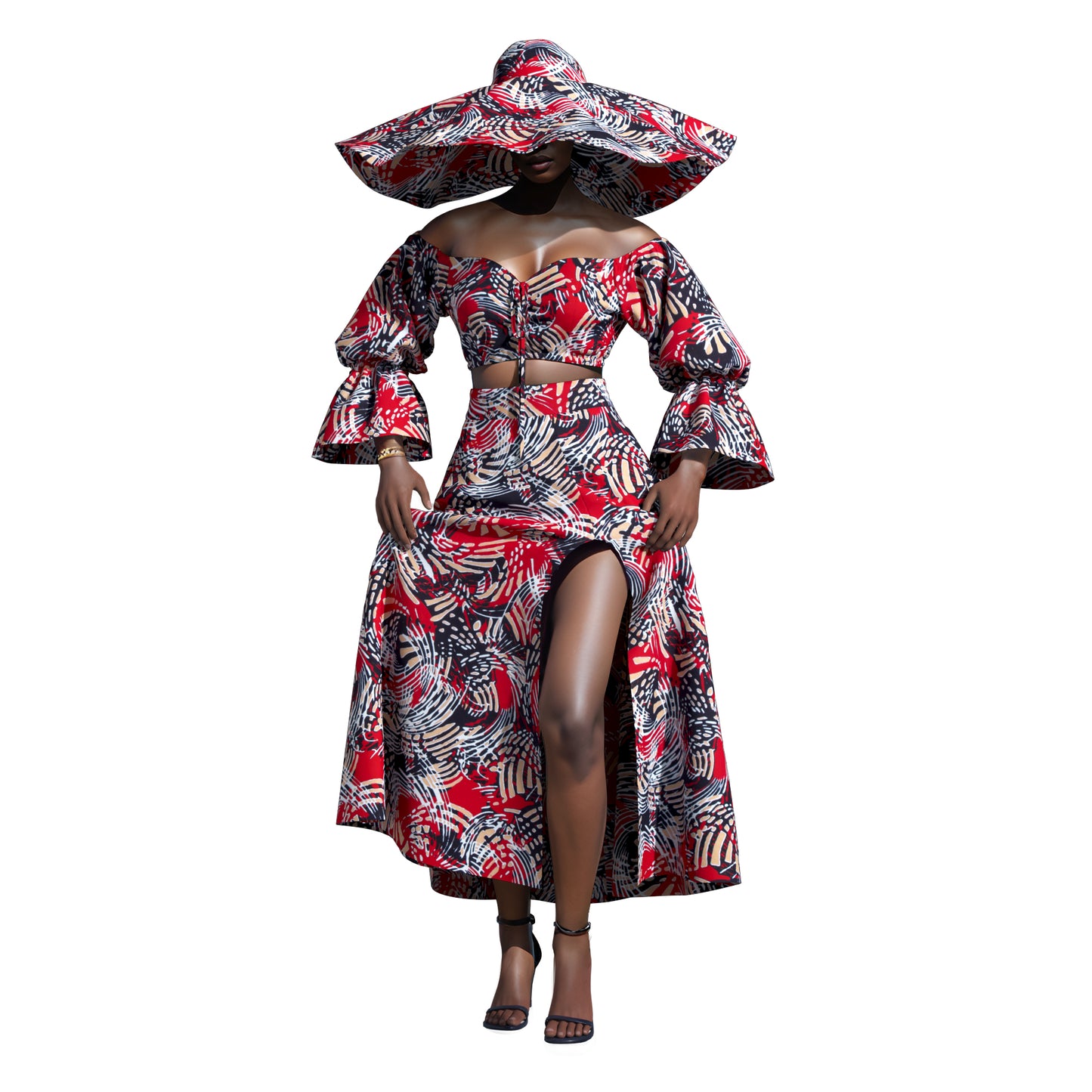 Vibrant African Wax Print Off-Shoulder Skirt Set with Wide Brim Hat – Afrocentric Circular Print Outfit