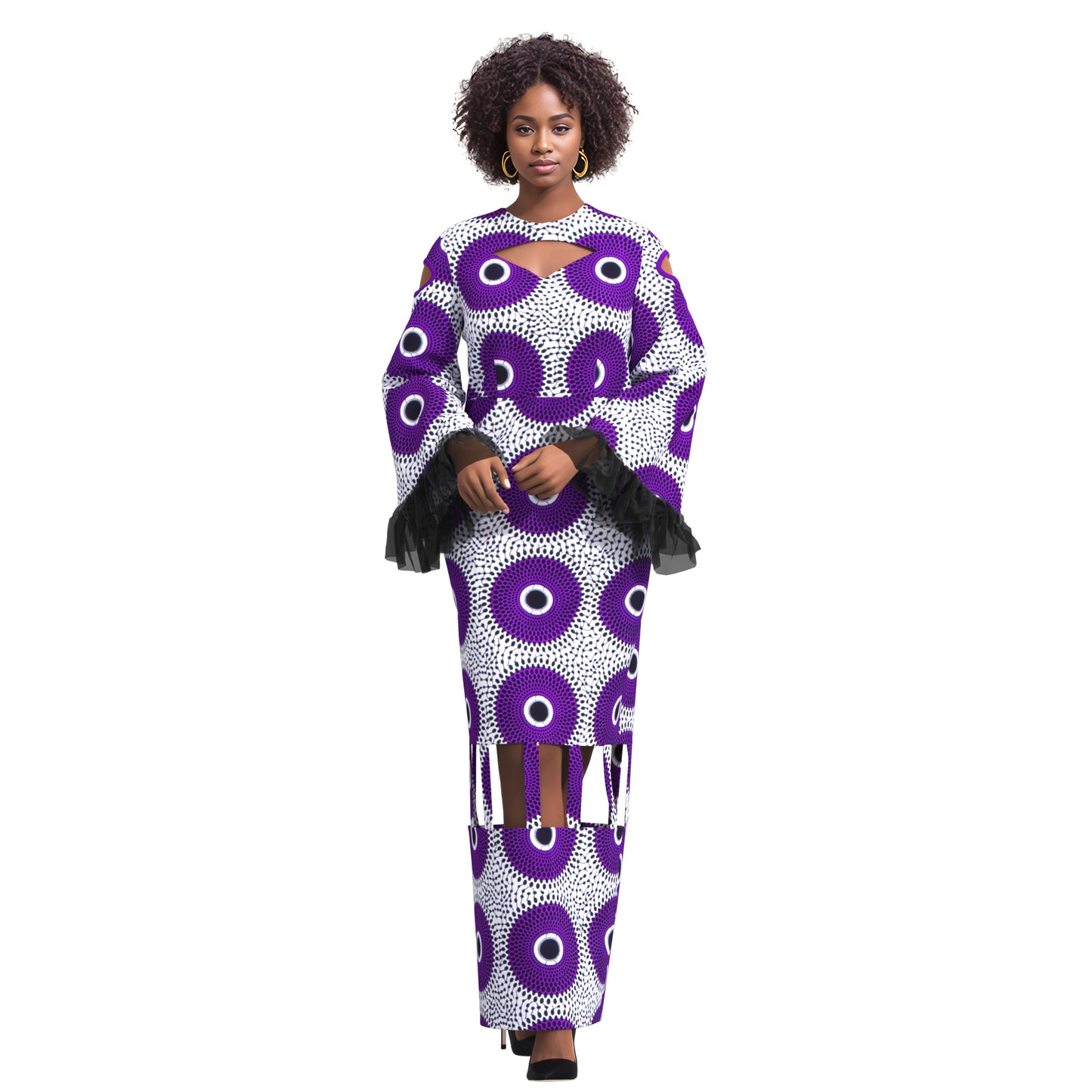 African Ankara Print Cutout Maxi Dress with Sheer Ruffle Cuffs