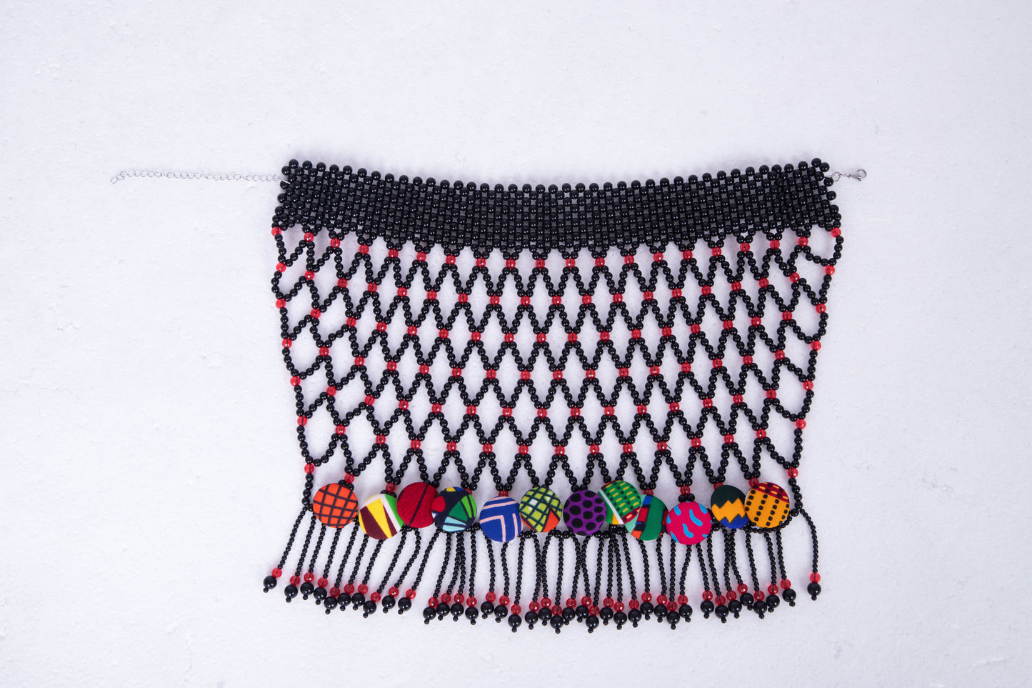 Handmade Mesh Beaded Collar Necklace African Traditional Printed Fabric Cover Buttons Trendy Fashion Accessories