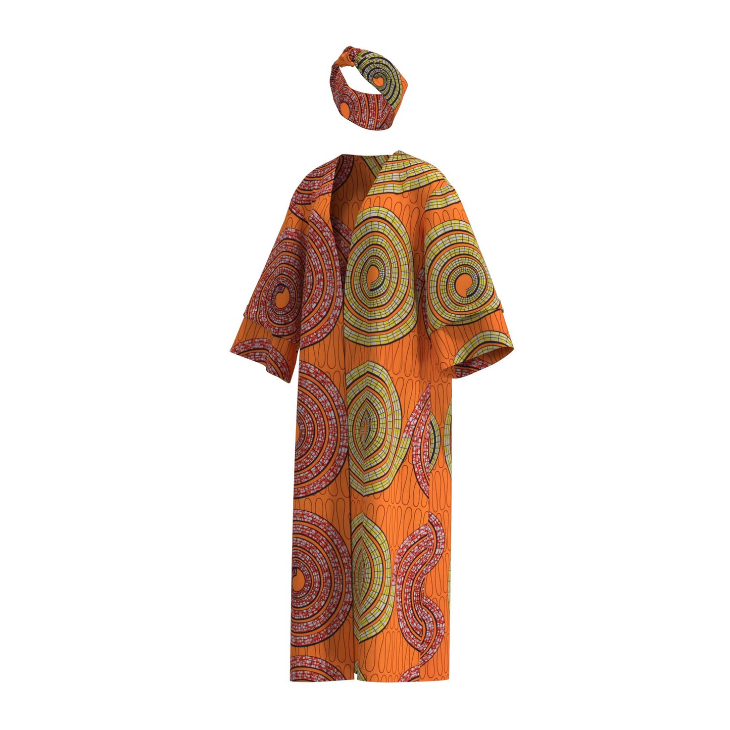 African Women All Over Cultural Print Loose Long Open Front Outerwear Matching Printed Head Wrap Set