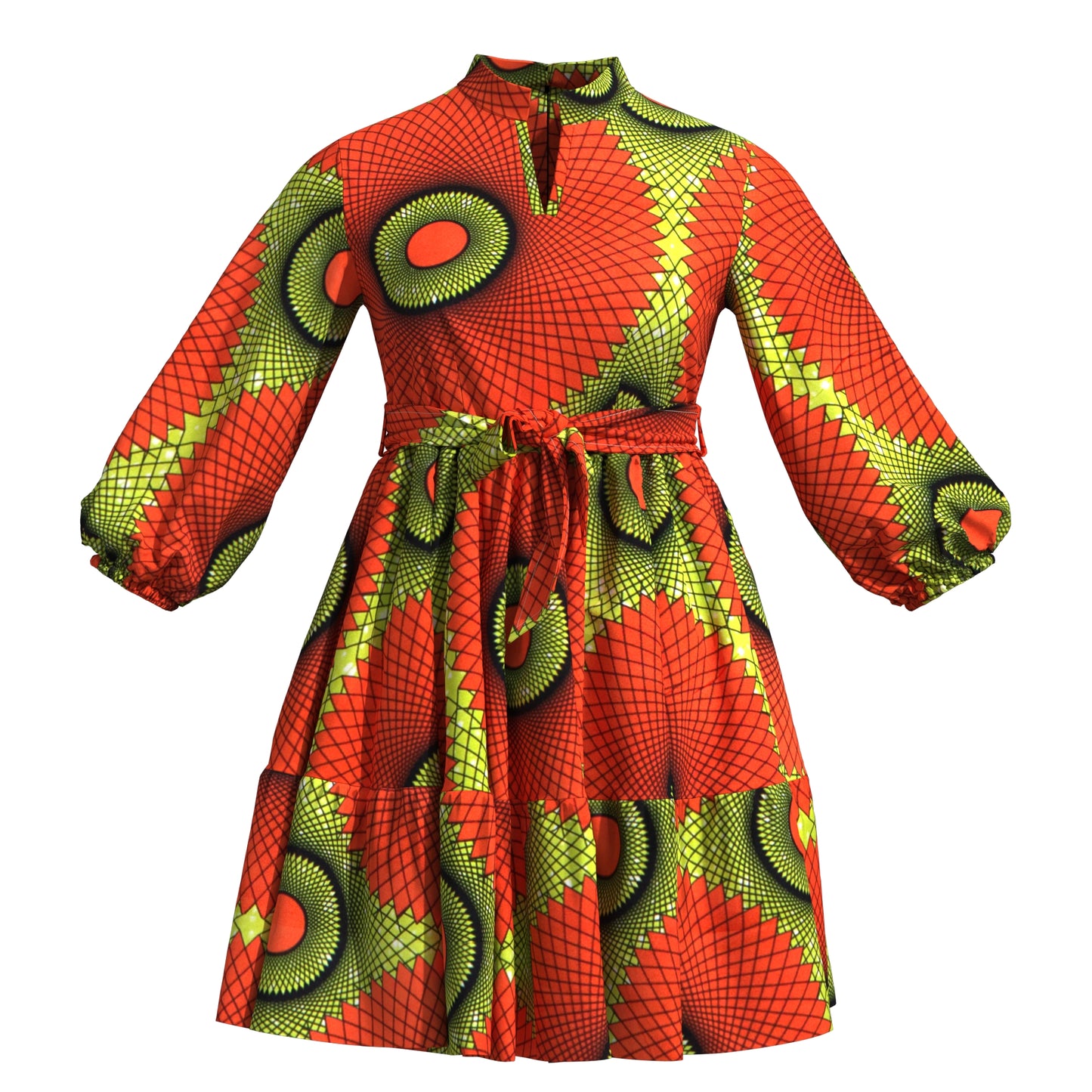 African Print Versatile Belted Stand Collar Casual Dress