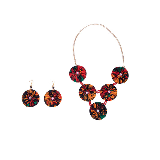 African Women Ankara Fabric Button Statement Necklace & Earring Set Accessories