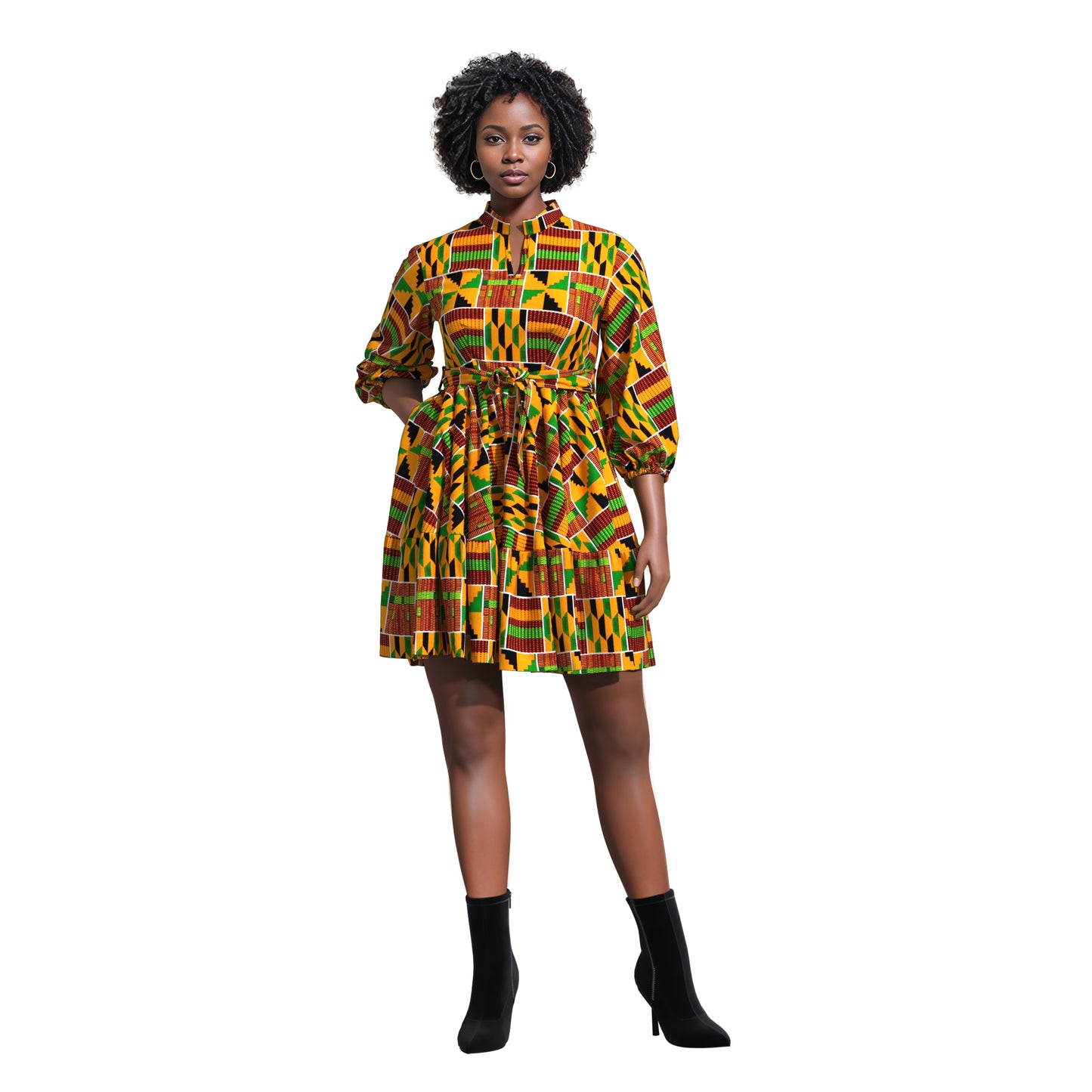 African Print Versatile Belted Stand Collar Casual Dress
