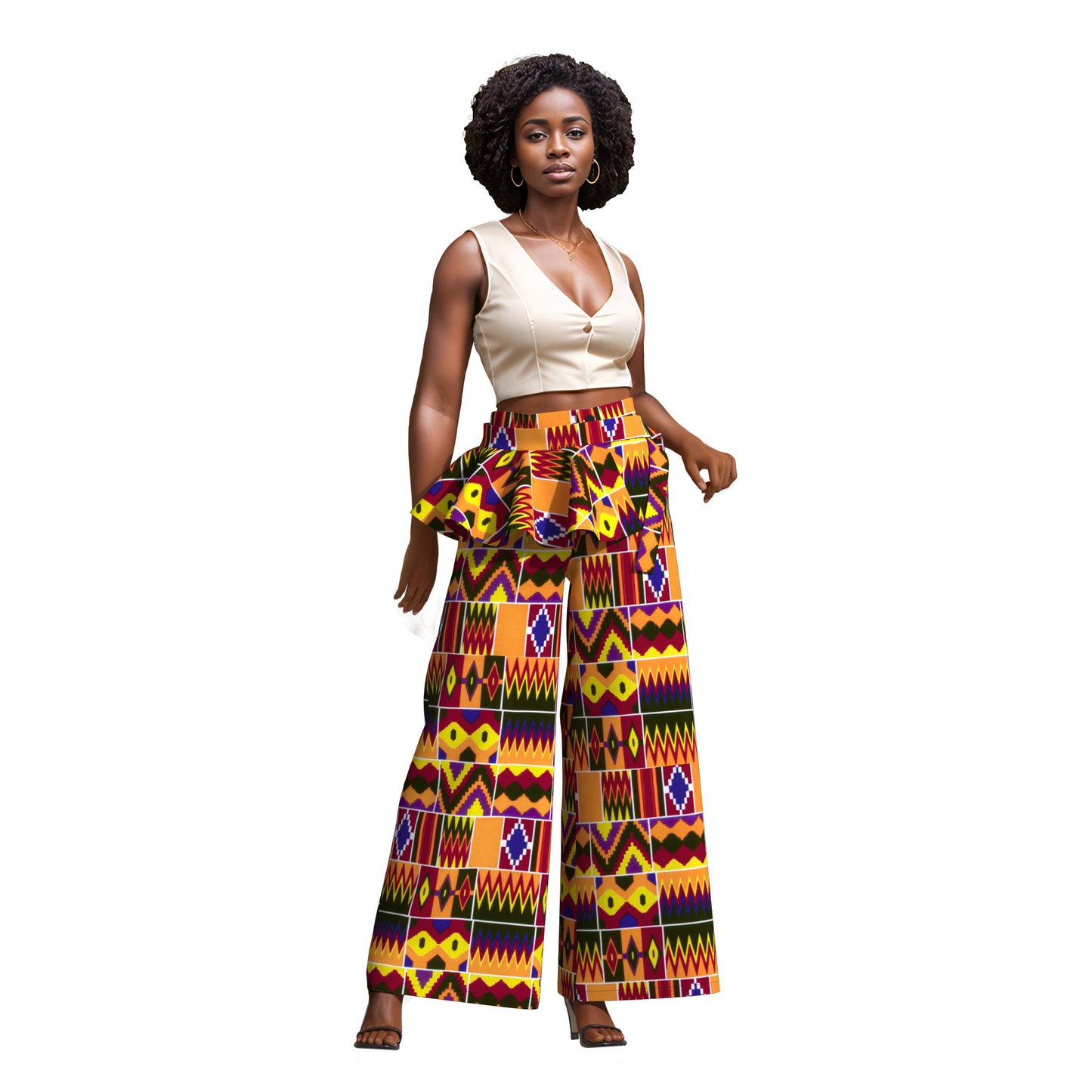 African Print Wide-Leg Pants with Detachable Ruffle
