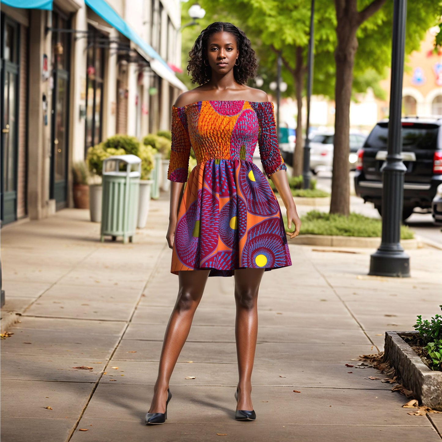 African Print Off Shoulder Flare Dress | Kente Pattern Short Party Dress for Black Women