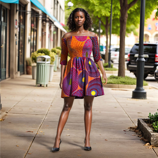 African Print Off Shoulder Flare Dress | Kente Pattern Short Party Dress for Black Women