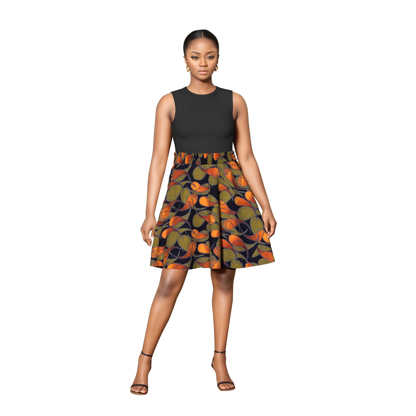 African Print High Waist Swing Skirt with Elastic Waistband