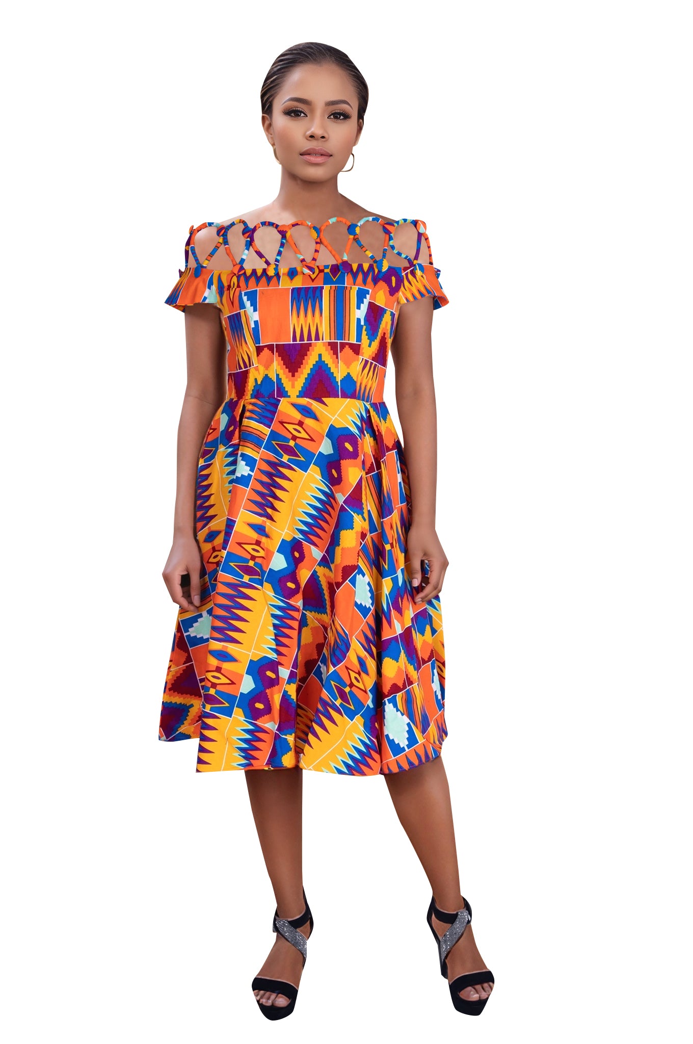 African Print Cotton Rope Button Cutout Off-Shoulder Midi Dress – Elegant Ankara Fit-and-Flare Dress for Black Women