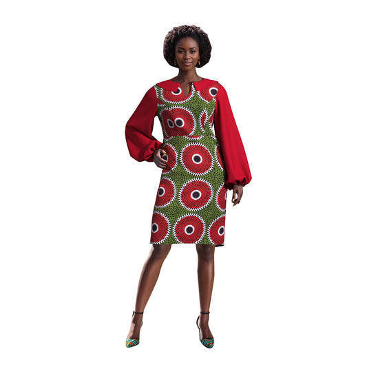 African Print Peter Pan Collar Puff Sleeve Midi Dress
