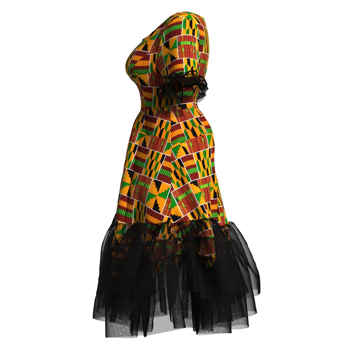 Kente Print Tiered Tulle Midi Dress – Short Sleeve Ankara Dress with Sheer Trim