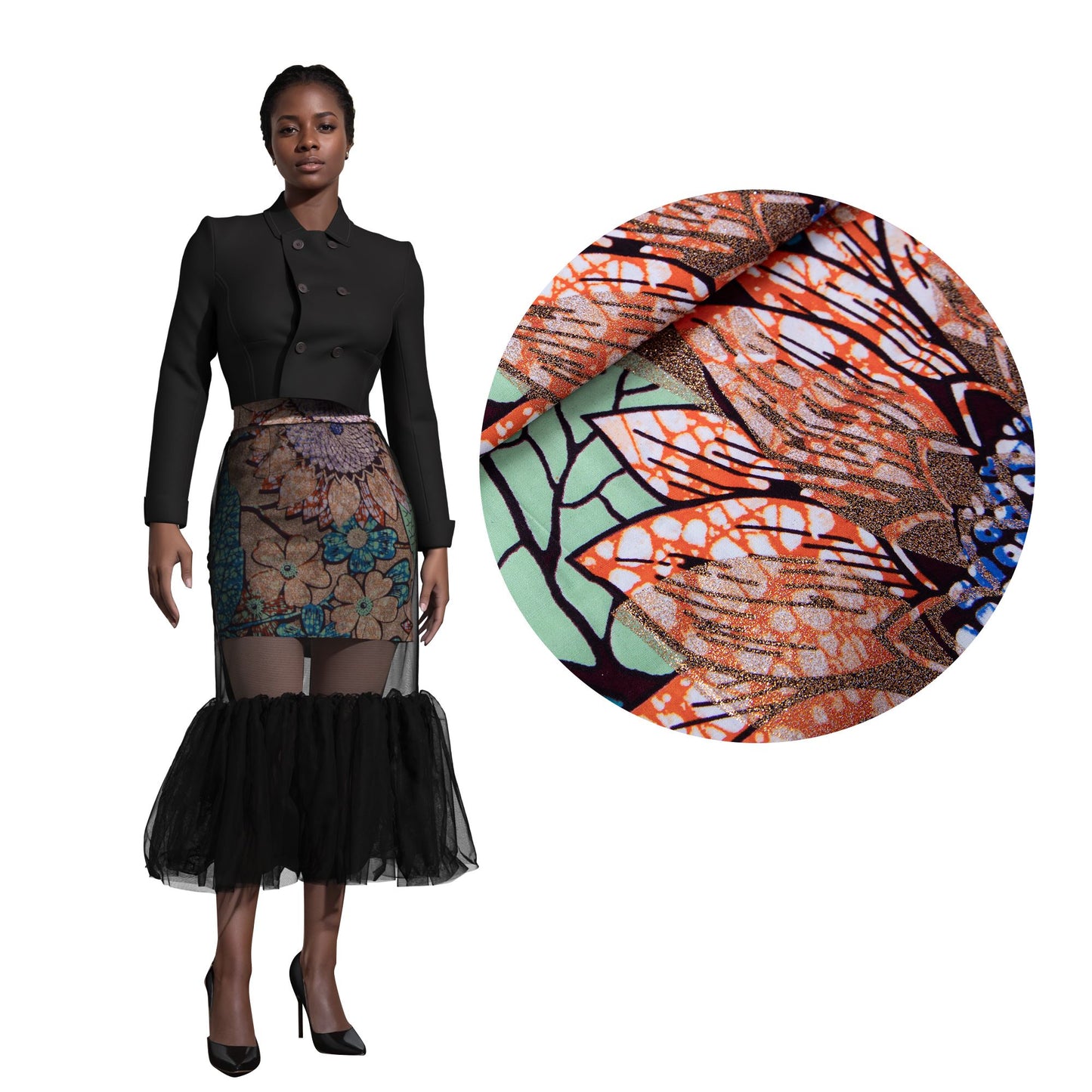 African Print Mesh Overlay Mermaid Midi Skirt