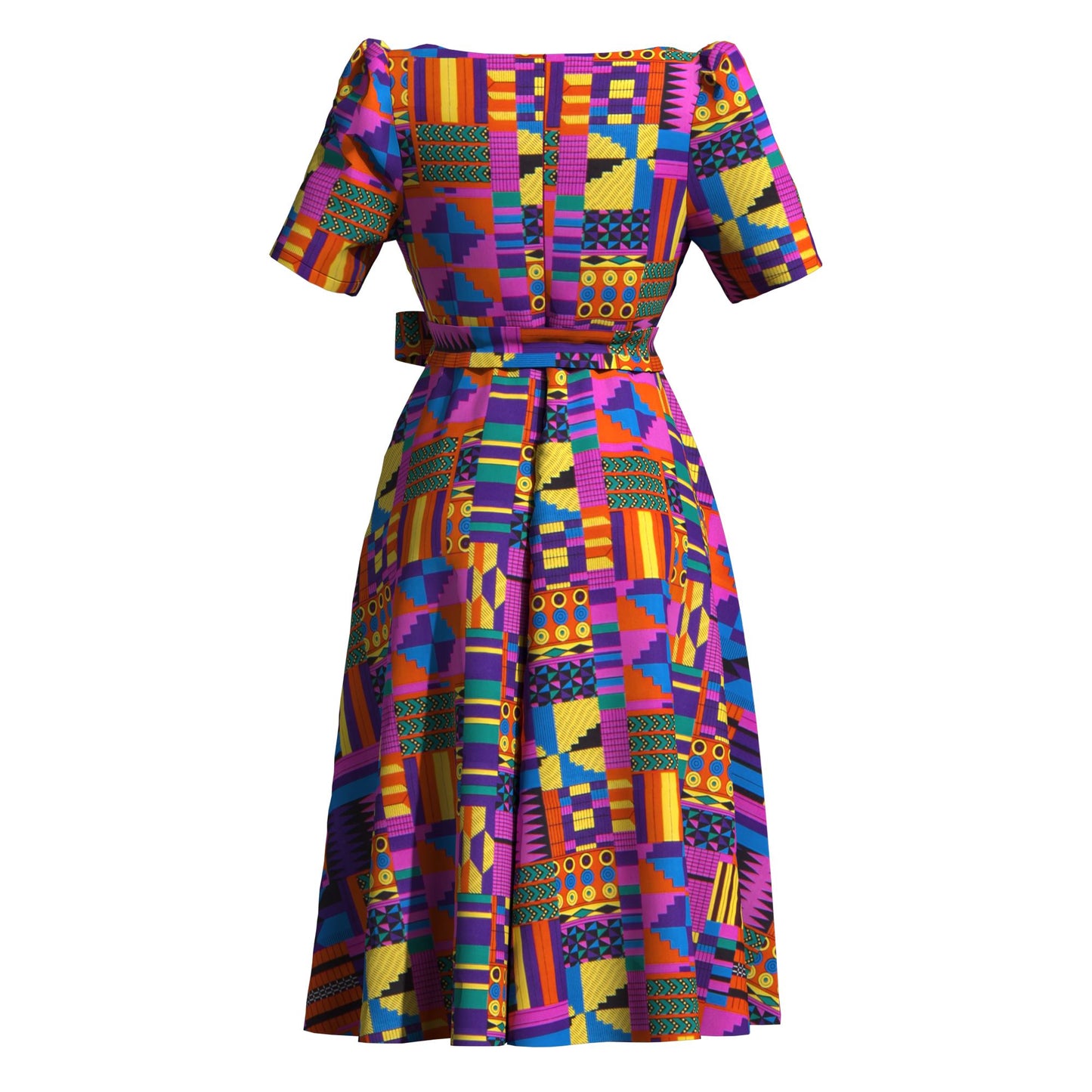 Women's African Print Midi Dress Short Sleeve & Belted Waist A-Line Ankara Fashion Dress