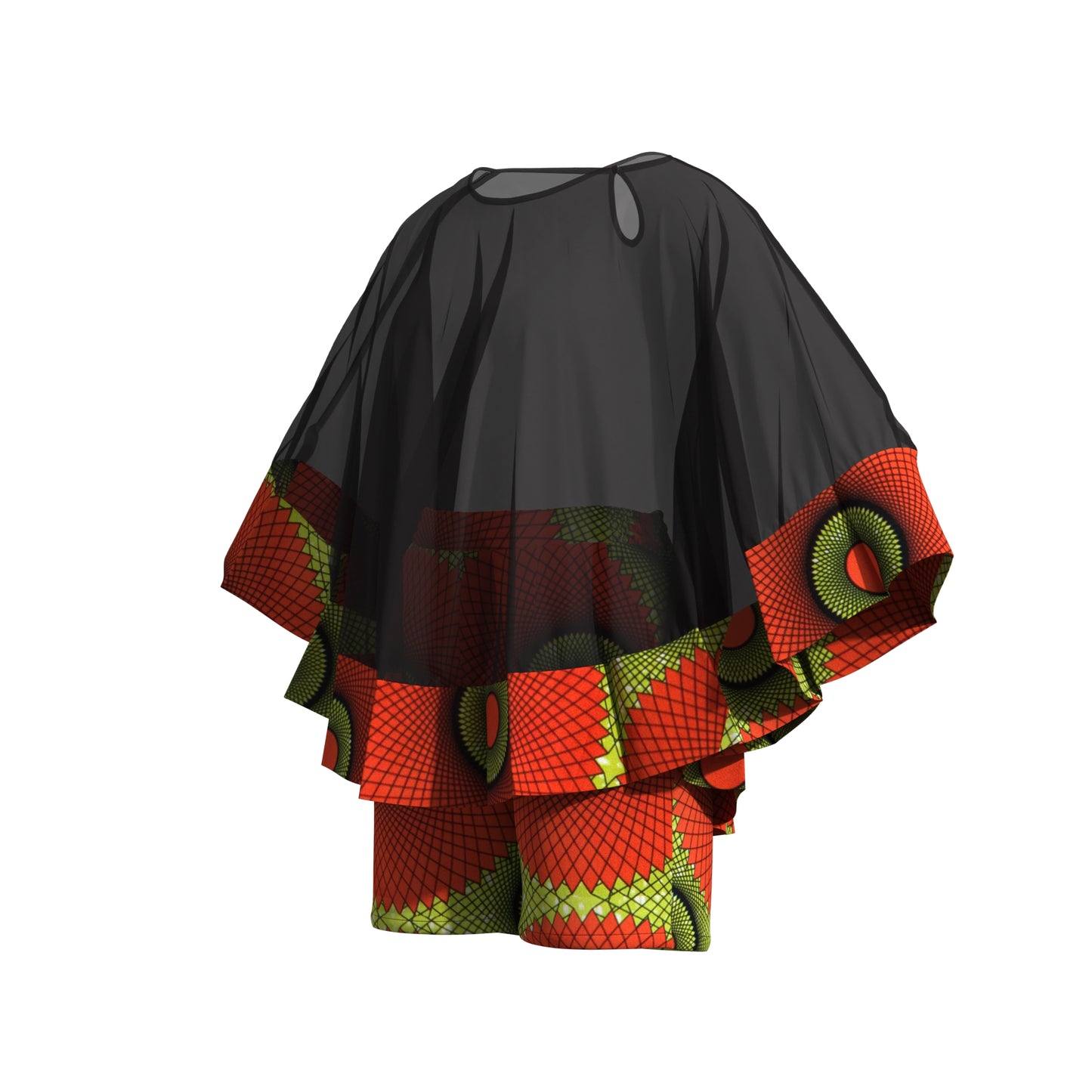 African Print Chiffon Cape Top & Shorts Two-Piece Set