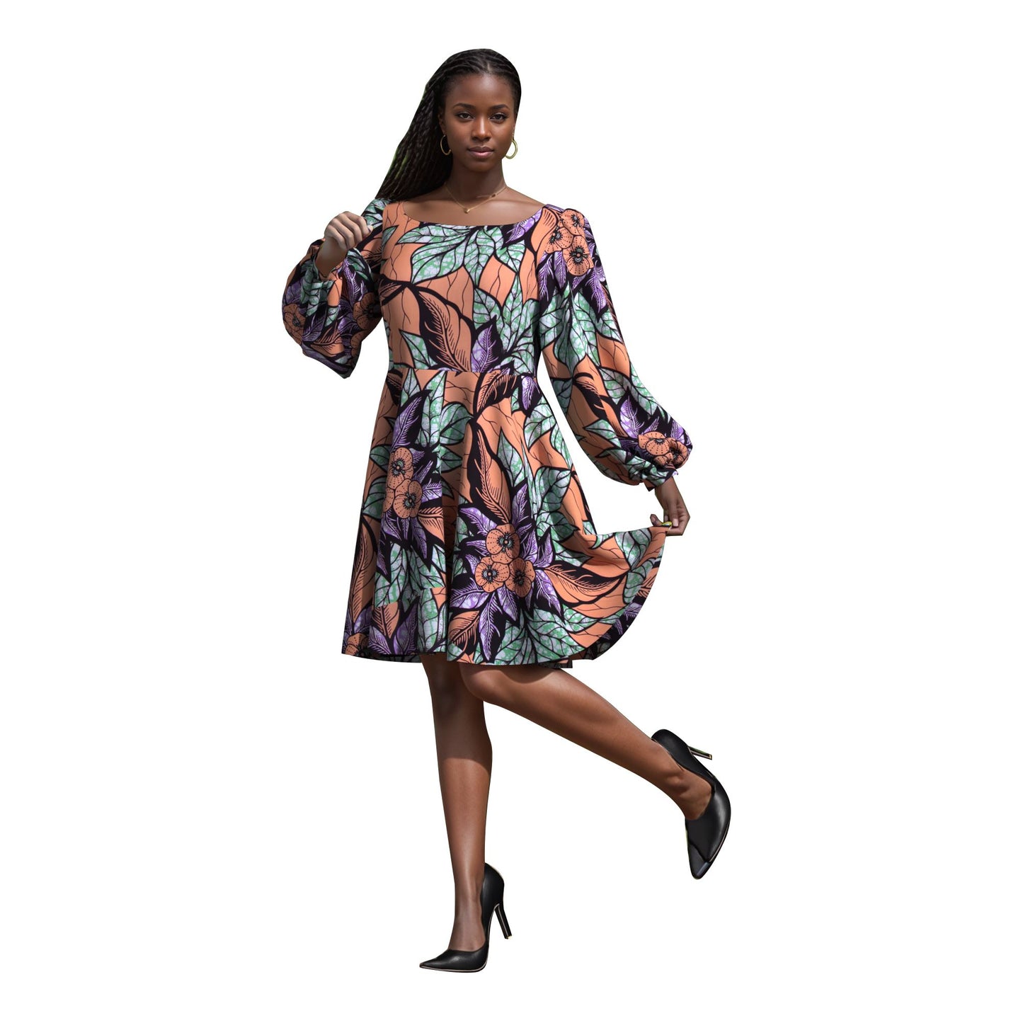 Off Shoulder African Print Puff Sleeve Flare Dress