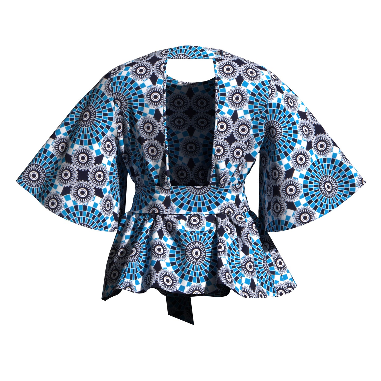 African Print Flare Sleeve Peplum Blouse with Waist Sash