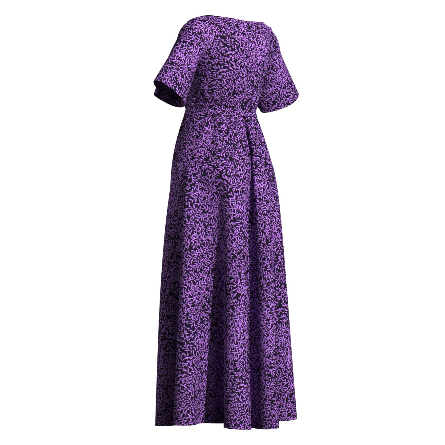 nkara Print Asymmetric Collar Short Sleeve Waist Tie Long Dress