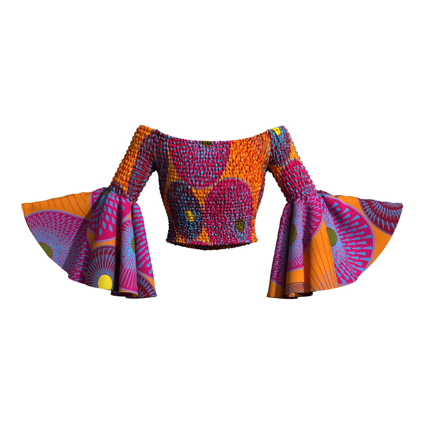 Artisanal Ankara Wax Print Smocked Flare Sleeve Blouse, Multiple Prints