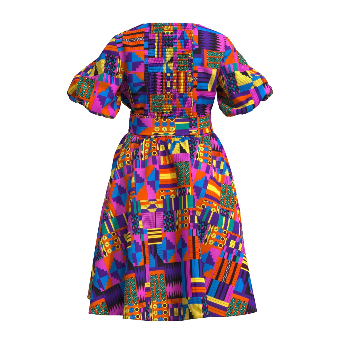 African Print Smocked Waist A-Line Midi Dress with Belt
