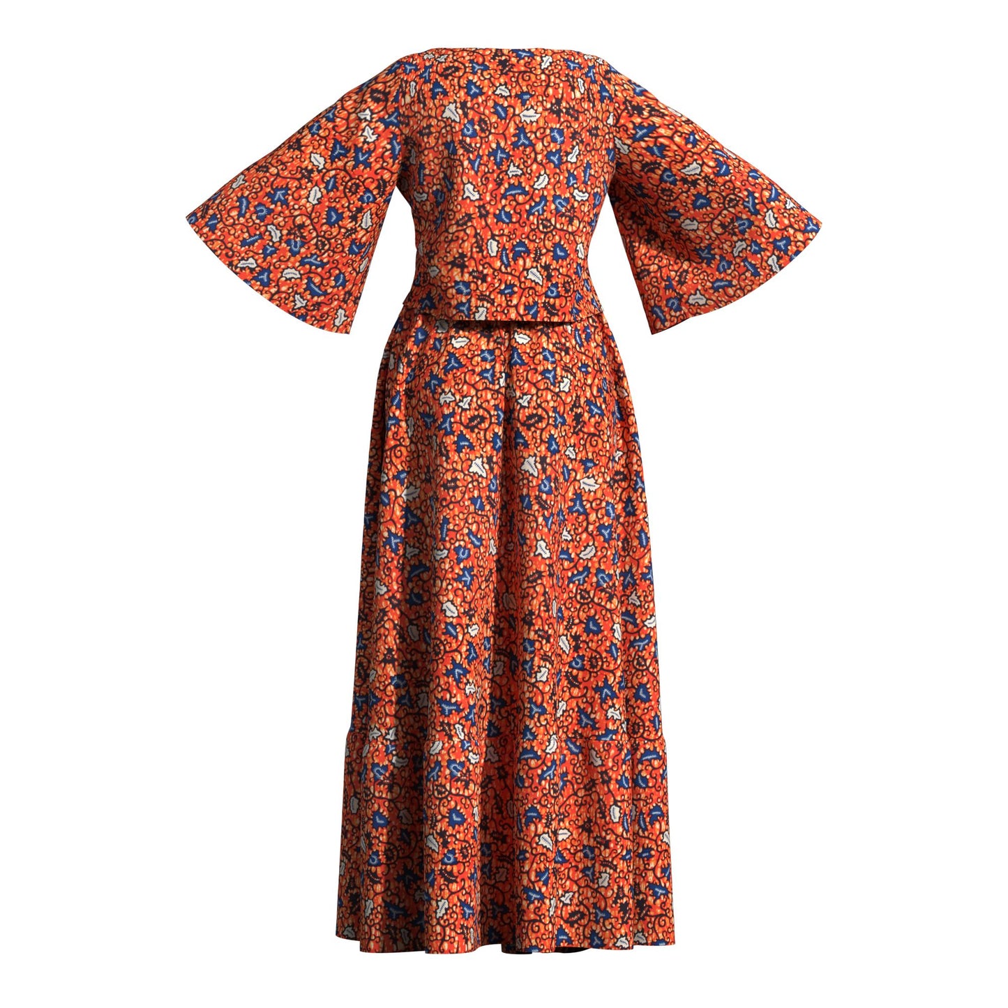 African Print Two Piece Outfit Women Notch Neck Crop Top & Tiered Maxi Skirt Set High Waist Slimming Matching Suit
